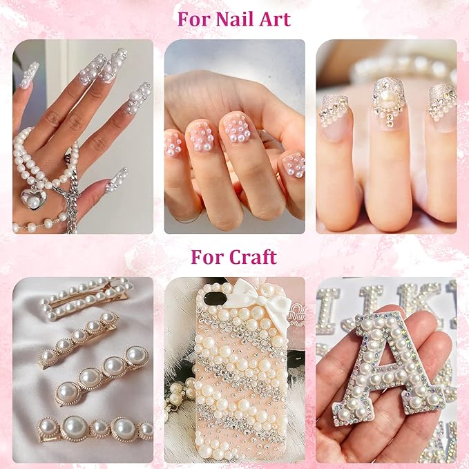 2700 Pcs Flat Back Pearls Kits, 1 Box of Flatback White+1 Box of Beige Small Half Round Pearls with Pickup Pencil and Tweezer for Nail Art Face Makeup Graduation Cap Decorations DIY and Craft