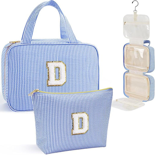 YOOLIFE Travel Toiletry Bag for Women - Hanging Toiletry Bag, Large Capacity Personalized Makeup Pouch, Travel Essentials - Letter D, Blue