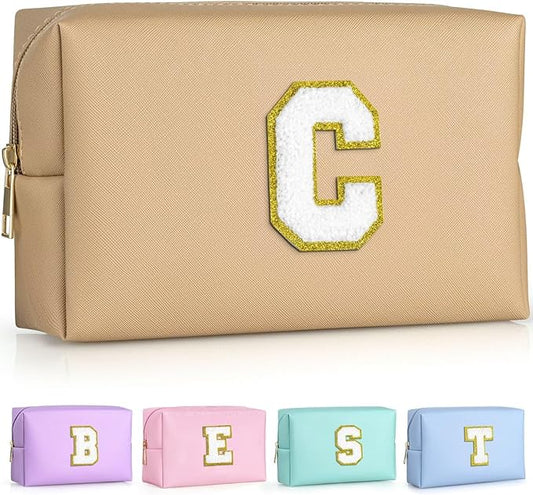 TOPEAST Gifts for Friends Female Mom, Cute Makeup Bag Small Pink Cosmetic Bag Travel Toiletry Bag, Personalized Birthday Gift for Women Girl, Preppy Travel Stuff for Girls (Khaki C)