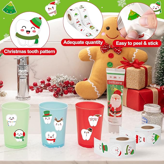 CJiangpo 1000Pcs Christmas Tooth Stickers - 2 Rolls Cute Xmas Dental Teeth Fairy Sticker Decals for Laptop Water Bottle Scrapbook DIY Crafts, Christmas Party Decoration Gift for Kids Dentist Schools