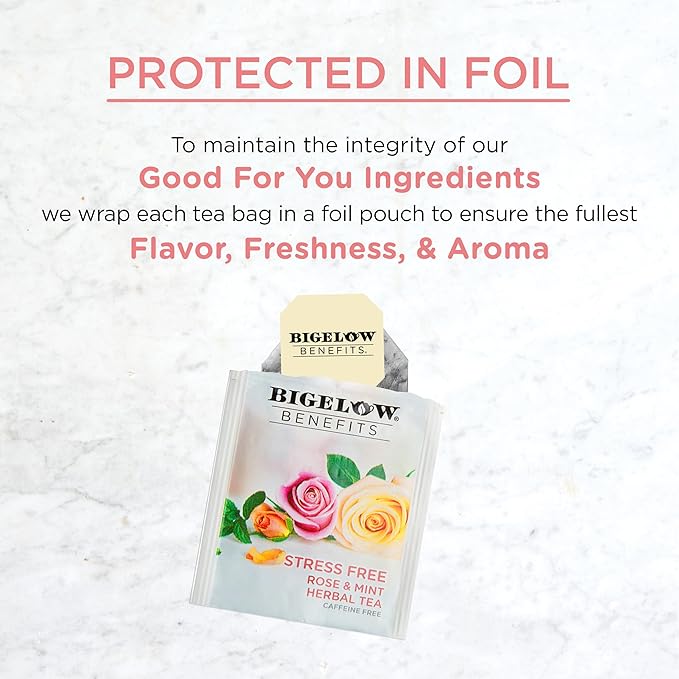 Bigelow Benefits Stress Free Rose & Mint Herbal Tea, Caffeine Free, 18 Count (Pack of 6), 108 Total Tea Bags