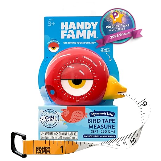 Handy Famm 8ft Red Bird Tape Measure for Kids – STEM Educational Tool with Level, Protractor, Retractable Design - DIY Construction Toy, Child-Safe Measuring Tapes, Gift for Boys & Girls 3+