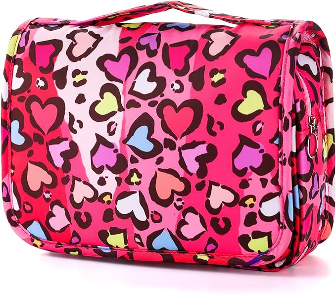 Kids Hanging Toiletry Bag for Girls, Travel Toiletry Bag for Little Young Girls Cosmetic Makeup Waterproof Wash Bag Toddler Traveling Toiletries, Leopard Red