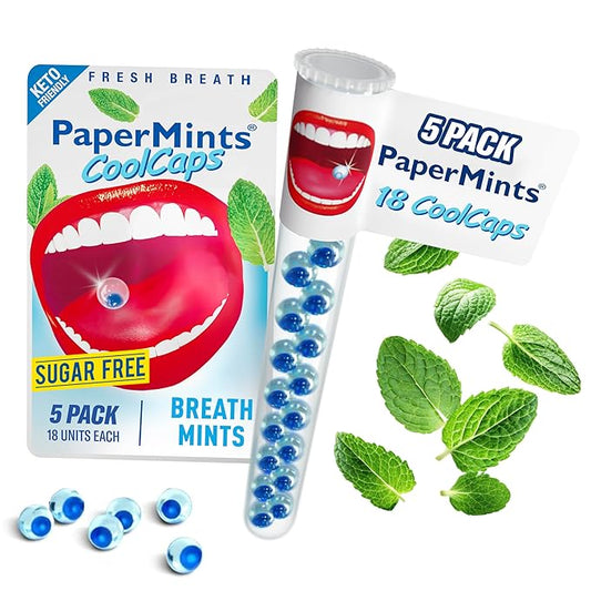 PaperMints CoolCaps - Instant Fresh Breath Mints Sugar-Free, 5 x Tubes of 18 capsules. Extreme Bad Breath Treatment for Adults, Breath Freshener Pearls for Halitosis Treatment Keto-Friendly