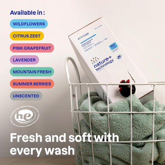 ATTITUDE Liquid Laundry Detergent Refill, EWG Verified, HE Compatible, Plant-Based & Vegan, Natural Laundry Soap, Pink Grapefruit Scent, 160 Loads, 135.26 Fl Oz