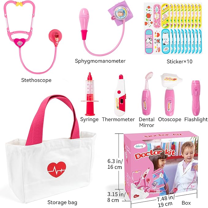 Liberry Doctor Kit for Toddlers 3-5 Years Old, 18-Piece Doctor Bag Pretend Play Toys, Durable Medical Kit with Toy Stethoscope, Pink Doctor Gift for Girls