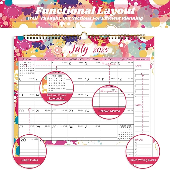 2025-2026 Wall Calendar, Calendar 2025-2026, 18 Month Calendar July 2025 - December 2026, 14.8" X 11.5", Calendar with Twin-Wire Binding, Hanging Hook and Julian Dates (Multi Colorful)