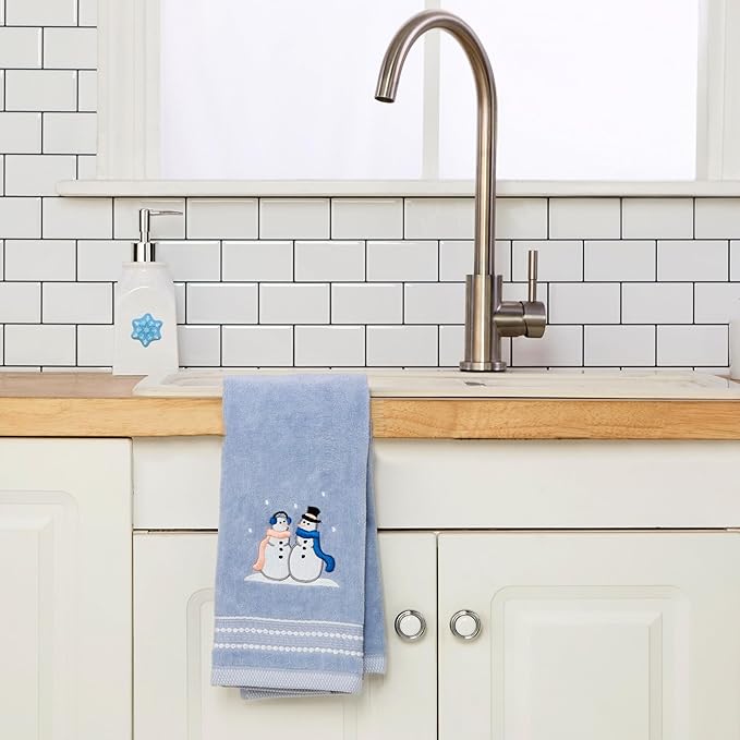 SKL Home Christmas/Winter Glitz Snow Couple 100% Cotton Embroidered 2pc Hand Towel Set, Decorative for Bath/Kitchen/Bar, Light Blue