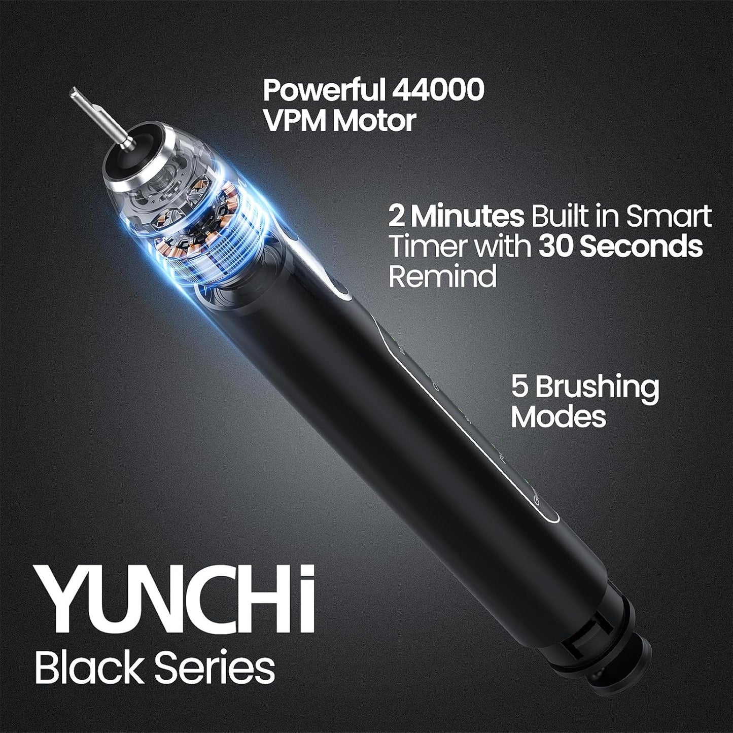 YUNCHI Electric Toothbrush for Adults and Kids, Rechargeable Sonic Electric Tooth Brush with 8 Brush Heads, 90 Days, 5 Models & 2 Minutes Smart Timer, Travel Case, 44000 VPM Motor, Black