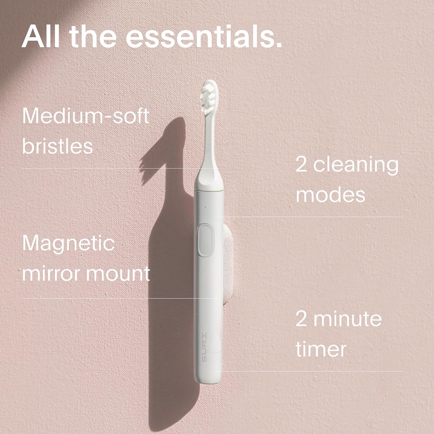 SURI 1.0 Sonic Electric Toothbrush |1 Month+ Battery | Designed in California | Sustainable Electric Toothbrush for Adults | Travel Toothbrushes | Tooth Brush | White