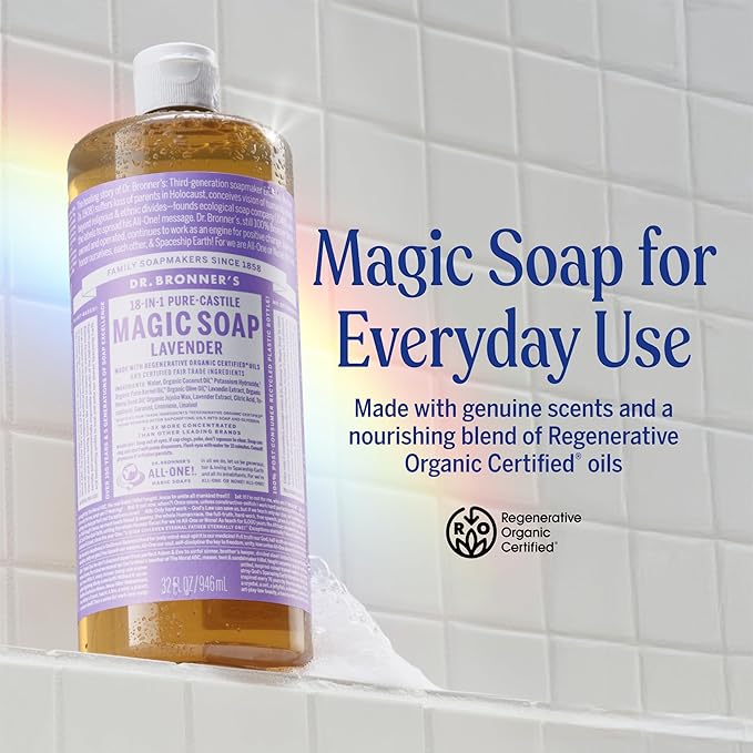 Dr. Bronner’s Pure-Castile Magic Liquid Soap - Made with Regenerative Organic Certified Oils - 18-in-1 Uses for Face, Body, Hand, Hair- Gentle on Sensitive Skin - All Natural Body Wash- Lavender, 32oz