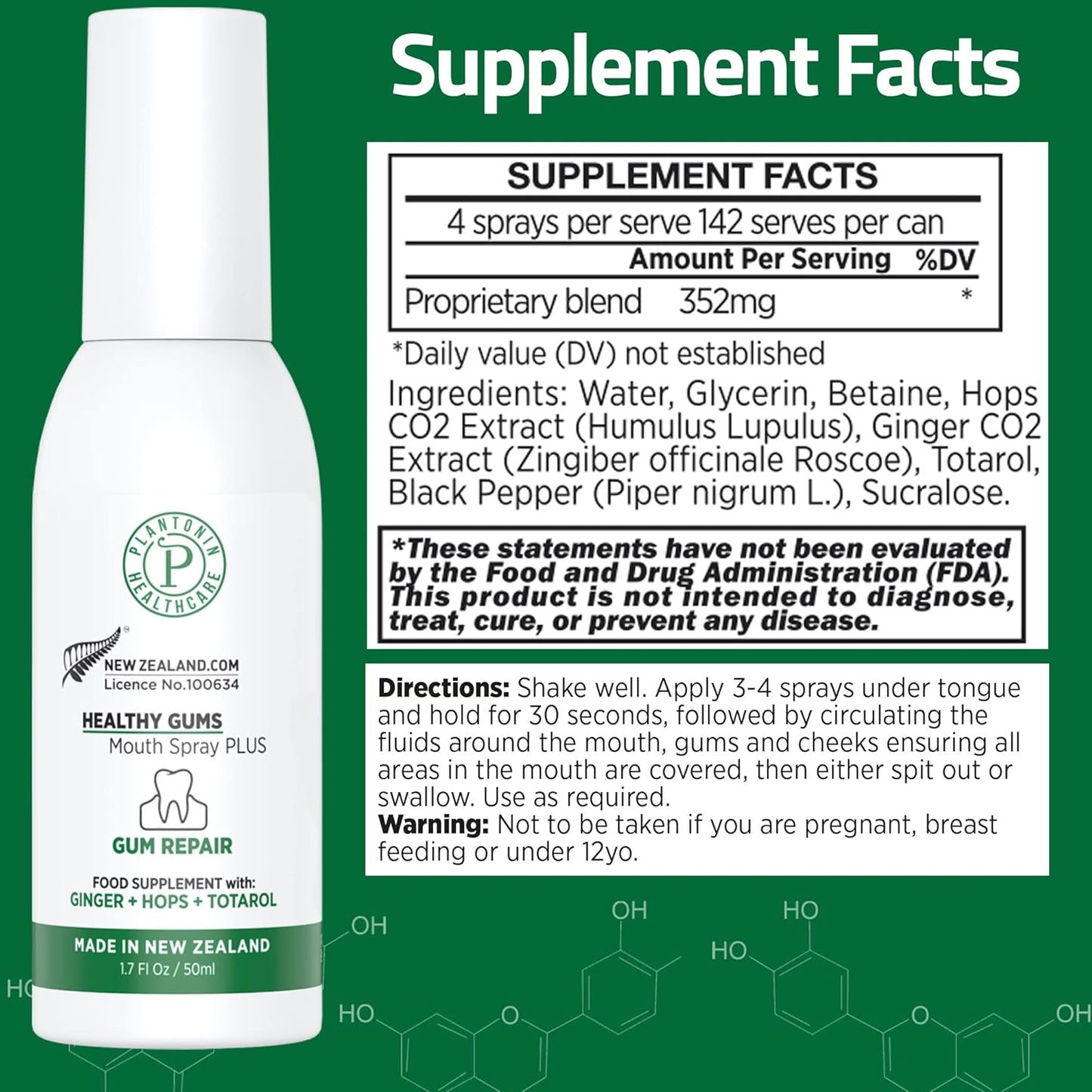 Oral Rinse Spray for Gum Disease and Gingivitis Treatment for Adults - 50ml 142 Servings - Alcohol Free Natural Alternate of Toothpaste with Ginger and Totarol - Bleeding Gums Treatment