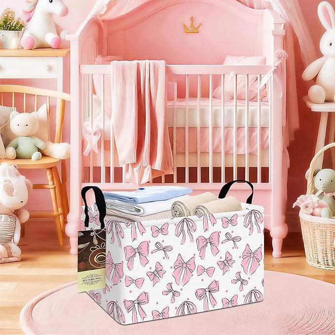 HUNRUNG Rectangle Storage Basket Cute Canvas Organizer Bin for Pet/Children Toys, Books, Clothes Perfect for Rooms/Playroom(REC-Pink Bow)