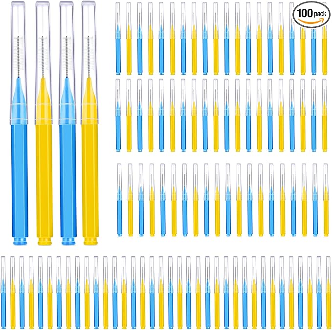 Patelai 100 Pieces Braces Brush for Cleaner Interdental Brush Toothpick Dental Tooth Flossing Head Oral Dental Hygiene Flosser Toothpick Cleaners Tooth Cleaning Tool(Blue, Yellow,Multiple Sizes)