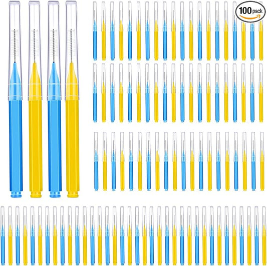 Patelai 100 Pieces Braces Brush for Cleaner Interdental Brush Toothpick Dental Tooth Flossing Head Oral Dental Hygiene Flosser Toothpick Cleaners Tooth Cleaning Tool(Blue, Yellow,Multiple Sizes)
