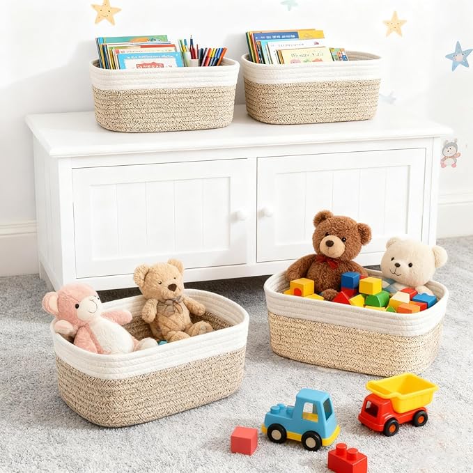 4-Piece Storage Shelf Basket Set, Natural Cotton Rope Woven Basket with Handle, Decorative Rectangle Organizer Bin for Home, Nursery, Montessori, Pet Toy Storage and Bathroom Organization, White&Brown