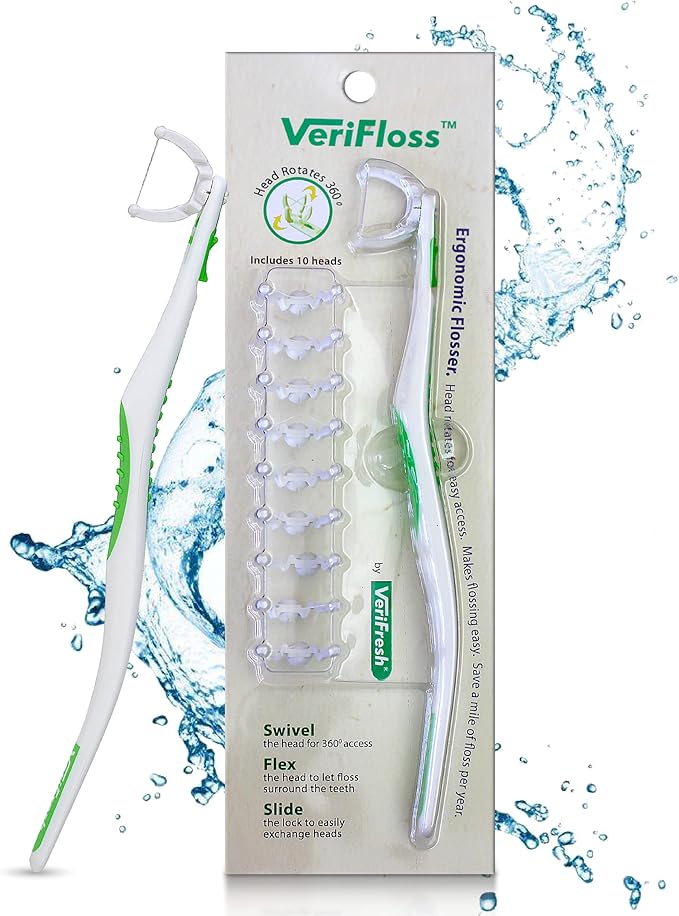 VeriFloss Dental Flosser with 10 Head Refill - Teeth Flossers for Adults & Kids, Flossing Tool - Ergonomic Design w/360° Swivel Head, Glide Lock - Reusable Floss Picks, Cleaning Kit - VeriFresh
