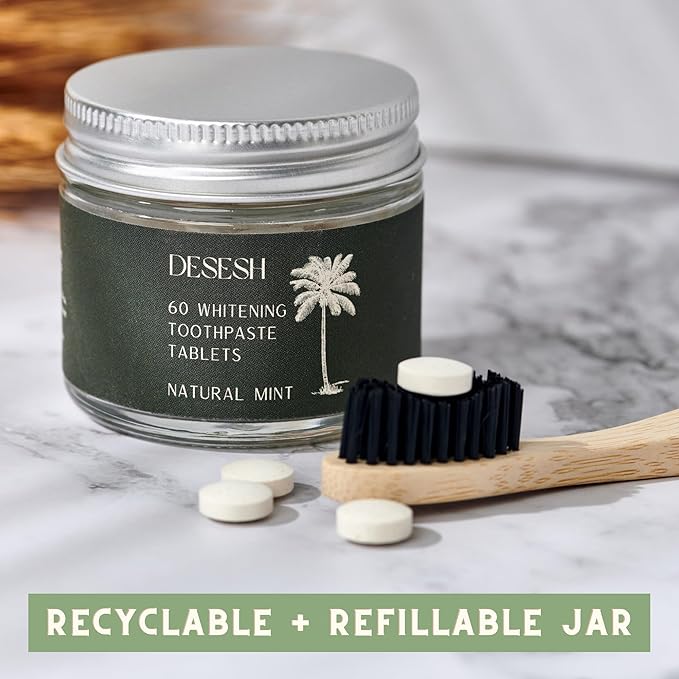 US-Made Toothpaste Tablets, New Improved SLS-Free Formula, 60 Count, Glass Jar, Natural Mint Flavor, Fluoride Free with Hydroxyapatite, Whitening