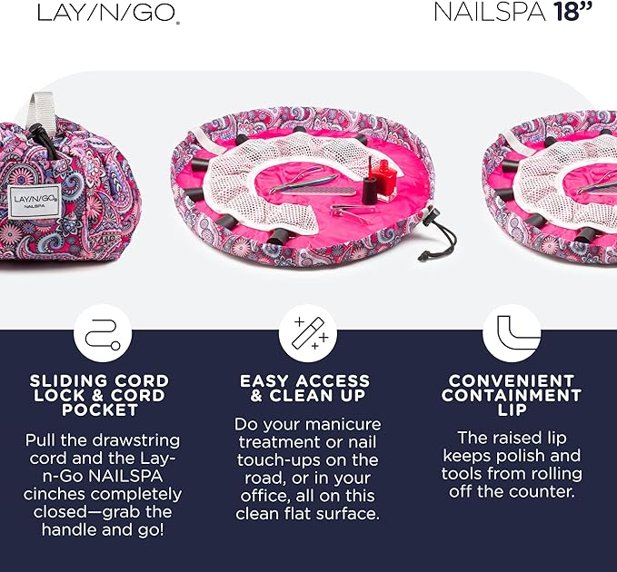 Lay-n-Go NailSpa Drawstring Cosmetic Bag - Portable Nail Supplies Organizer Bag w/ 8 Elastic Mesh Pockets & Circular Center - Durable, Machine Washable Nail Kit Organizer (18", Pink Paisley)