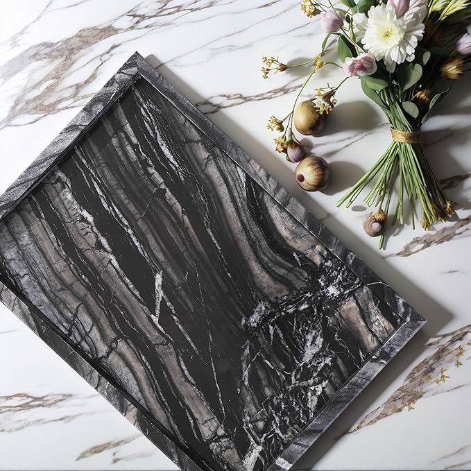 Yew & Tulip Natural Marble Vanity Tray, Nature Dark Woodgrain Marble Serving Tray for Bathroom, Kitchen, Vanity, Home Decor, Wedding etc. (12"x 8" x 1.2")