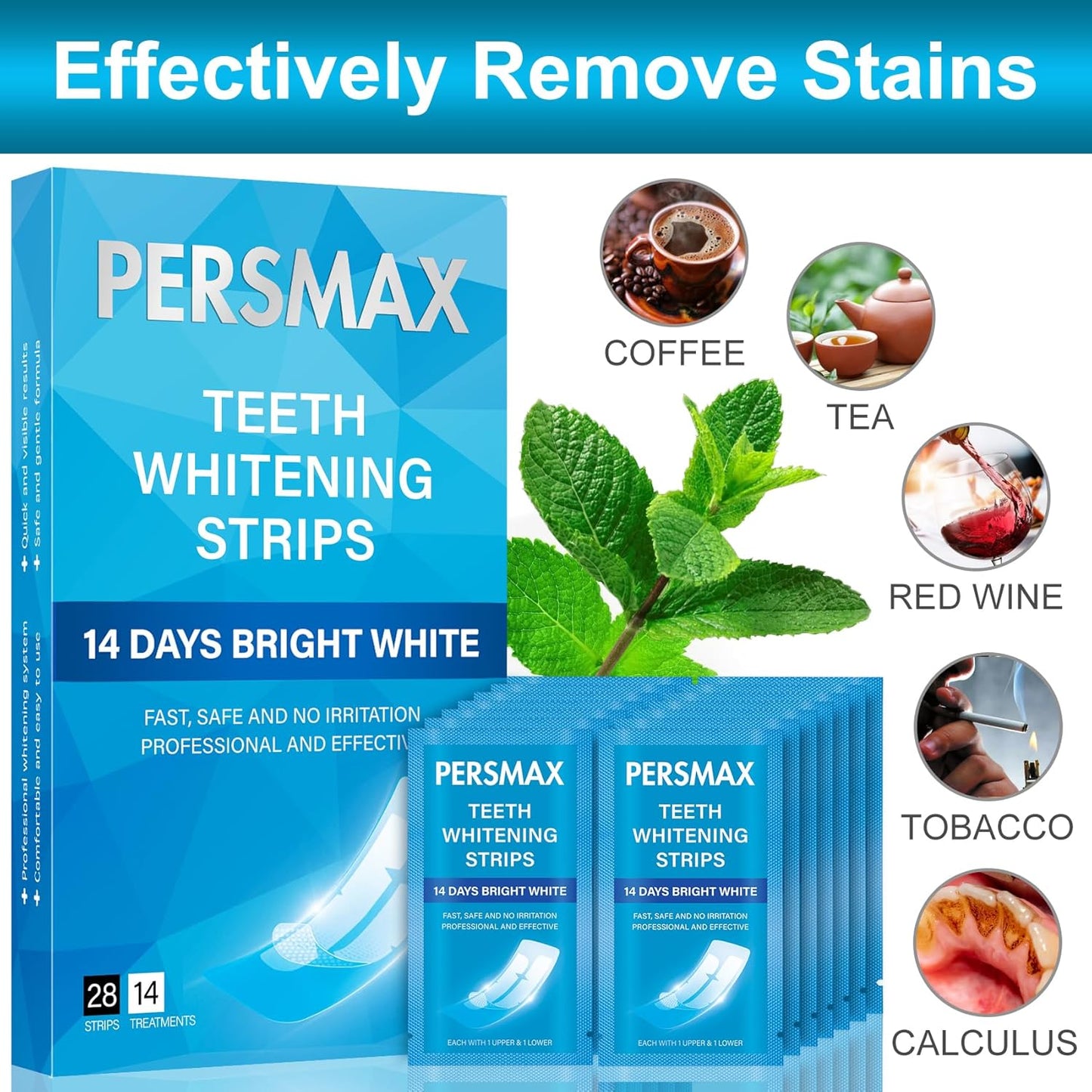 Teeth Whitening Strips for Sensitive Teeth Enamel Safe Whitening Kit No-Slip Remove Coffee Wine Smoking Stains Professional 14 Treatments 28 Strips