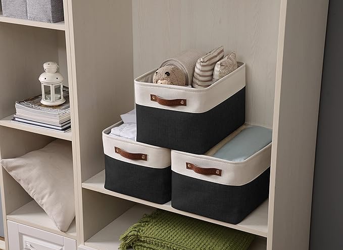 DECOMOMO Storage Baskets for Shelves - Fabric Storage Bins, Linen Closet Organizers and Storage (Black & White, Large - 3 Pack)