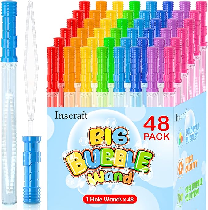 Inscraft 48 Pack 14’’ Big Bubble Wands, 8 Colors Bulk for Summer Toy, Outdoor/Indoor Activity Use, Easter, Birthday, Graduation, Shower, Bubbles Party Favors Supplies for Kids