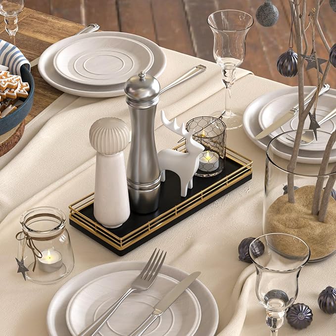 Wooden Decorative Tray, Oak 11.2" L Coffee Table Tray for Kitchen Countertop Soap Sponge Holder Candle Nightstand Table Centerpieces for Dining Room Decor Black Gold