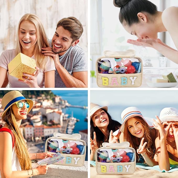 Iqimott Chenille Letter Patch Baby Bag, Preppy Clear Makeup Cosmetic Bag Large Toiletry Storage Tote Bag with Handle, Transparent Nylon Waterproof Organizer Zipper Pouch for Travel Women Girls(Beige)