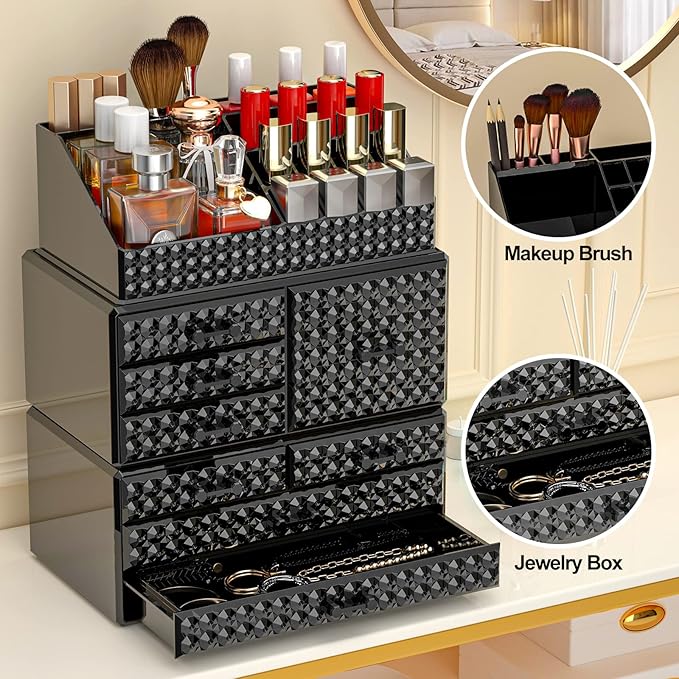 3 Pack Makeup Organizer Stackable[Upgraded], Acrylic Cosmetics Storage Cases with 8 Drawers Perfume Organizers For Brush Holder or Jewelry Display,Plus Size,Best For Vanity,Bathroom or Countertop