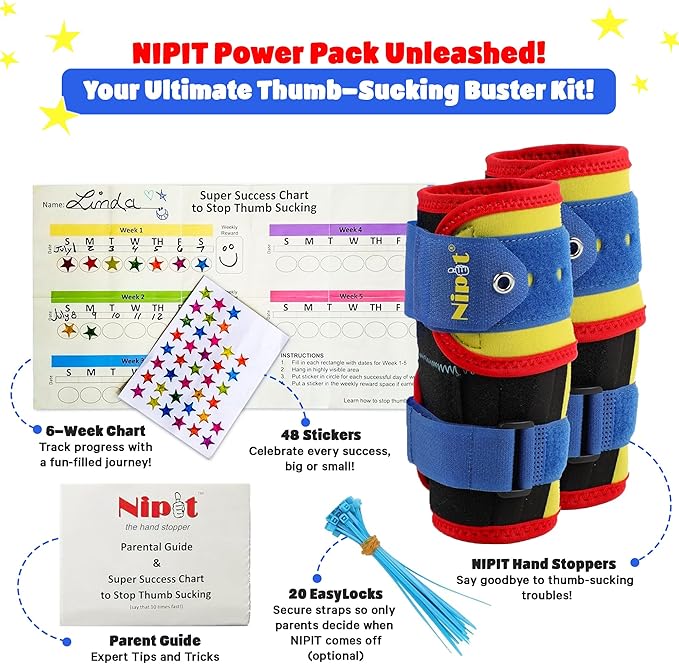 Nipit (2 Pack) - Most Effective Thumb Sucking Deterrent for Kids, Age 2-7, Stop Finger Sucking Naturally in 5-21 Days, Ideal for Toddlers, Includes Motivating Chart & Stickers & Program