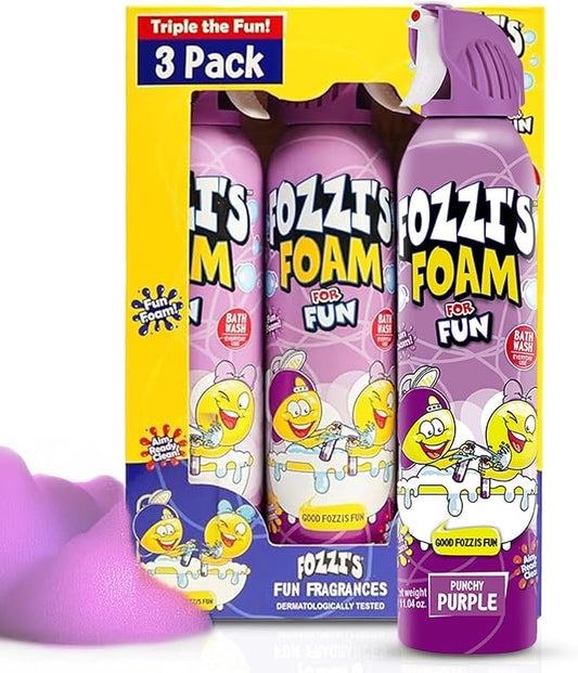 FOZZI’S Punchy Purple Bath Foam Soap for Kids (3 Pack) - Fun Aerosol Spray - Squishy Bubble Soap for Playtime - Gentle Cleanser Foaming Body Wash - Safe Bath Fun for Everyday Wash