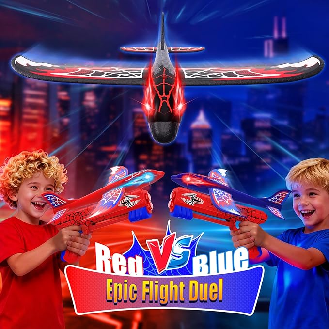 3 Pack Airplane Launcher Toy with Glowing Eyes & Web-Pattern Wings,2 Flight Modes Outdoor Games for Kids,Boys Toys Age 3-12,Birthday Gifts for 3 4 5 6 7 8 9 10 11 12 Year Old,Kids Gift(Red&Blue&Black)