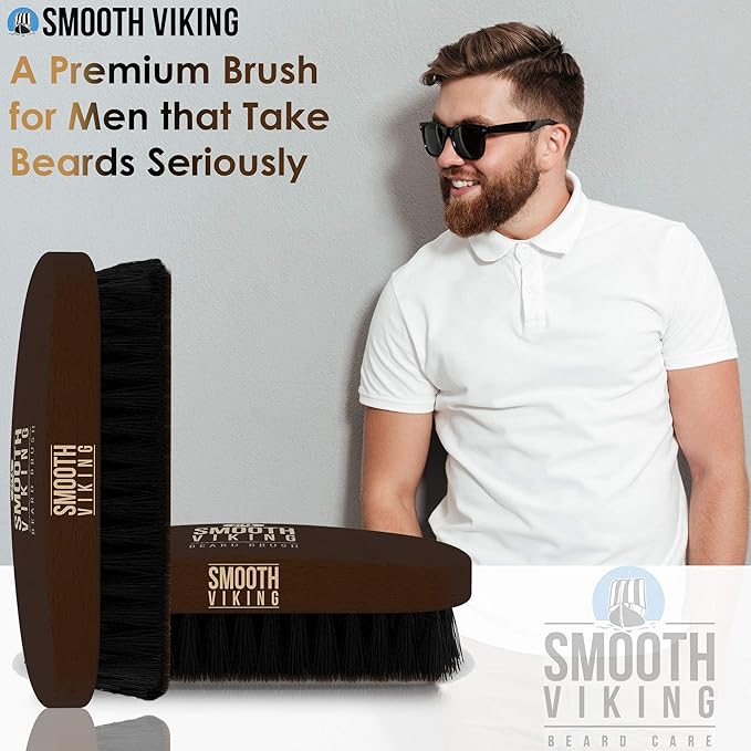 Smooth Viking Beard Brush & Comb Gift Set for Men - Natural Boar Bristle Hair Brush & Wooden Comb, Boar Brush for Facial Hair Styling, Grooming & Beard Shaping Tool, Men Hair Products - Brown