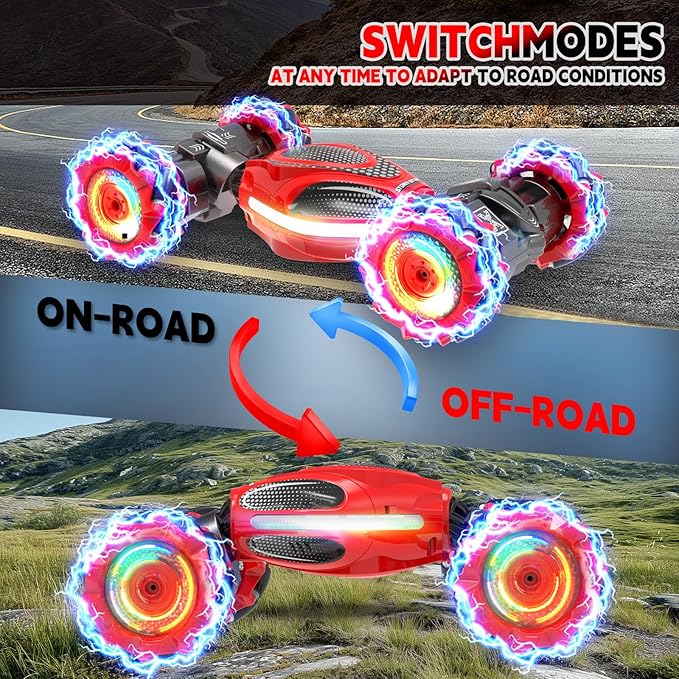 Remote Control Car for Boys - RC Cars for Boy Age 4-12, Gesture Sensing RC Stunt Drift Car for Kids Toys 4 5 6 7 8 9 10 11 12 Year Old Boy Birthday with Cool Lights Music (Red-Black)