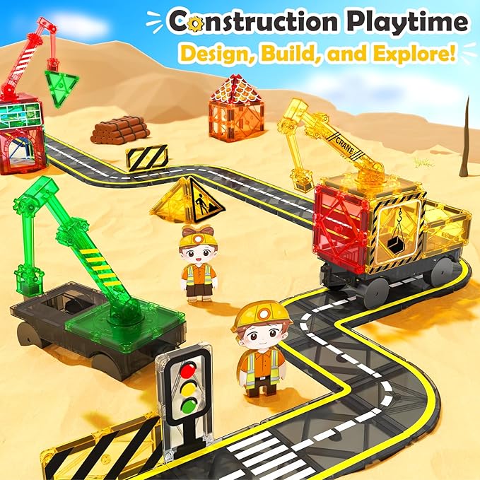 Coodoo 100 PCS Magnetic Tiles Road Set with 3 Cranes & 2 Cars - Magnetic Blocks City Construction Building Toys for 3+ Year Old Boys Girls Ideal Preschool Learning Outdoor Creative Toddler Kids Toys