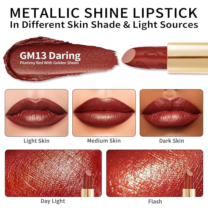 Oulac Matte Plummy Red Lipstick with Glow Metallic Finish - Vegan Lipstick for Women, Creamy Texture, Hydrating Clean Beauty Formula, High-End Magnetic Hook Design, GM13 Daring