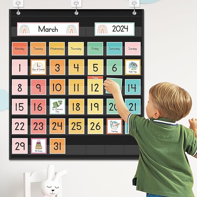 Eamay Rainbow Colorful Calendar Pocket Chart for Kids,Preschool Kindergarten Classroom Elementary Must Haves,Classroom Decorations Decor,Homeschool Teacher Supplies,Back to School Supplies
