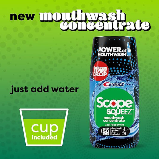 Crest Scope Squeez Mouthwash Concentrate, Cool Peppermint Flavor, 50mL Bottle, Equal Uses up to 1L Bottle *vs 1L Scope Outlast Mouthwash, Squeez to Control The Strength