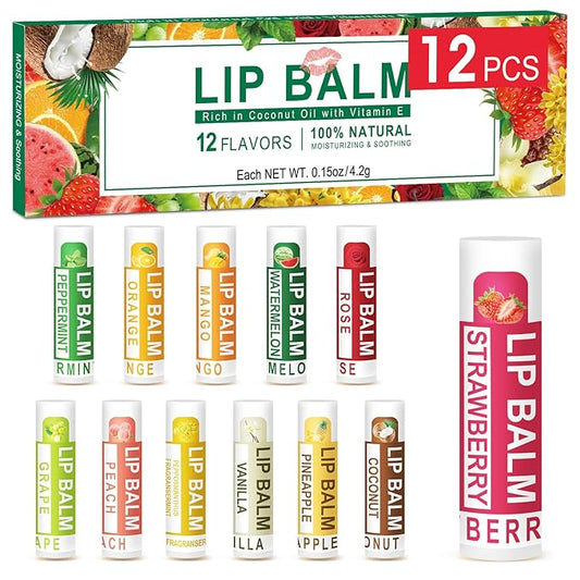 DMSKY 12 Pack Lip Balm, Natural Lip Balm Bulk with Vitamin E and Coconut Oil, Moisturizing Lip Balm for Dry Cracked Lips, Lip Balm for Stocking Stuffers - 12 Flavors