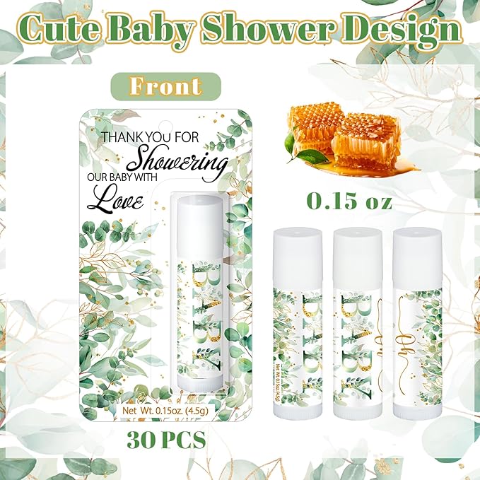 30 Pack Sage Green Baby Shower Games Prizes Party Gifts Bulk Lip Balms Favors for Winners Adults Guests Gender Reveal Favors Decorations Baby Shower Souvenirs Gift Bags Stuffers