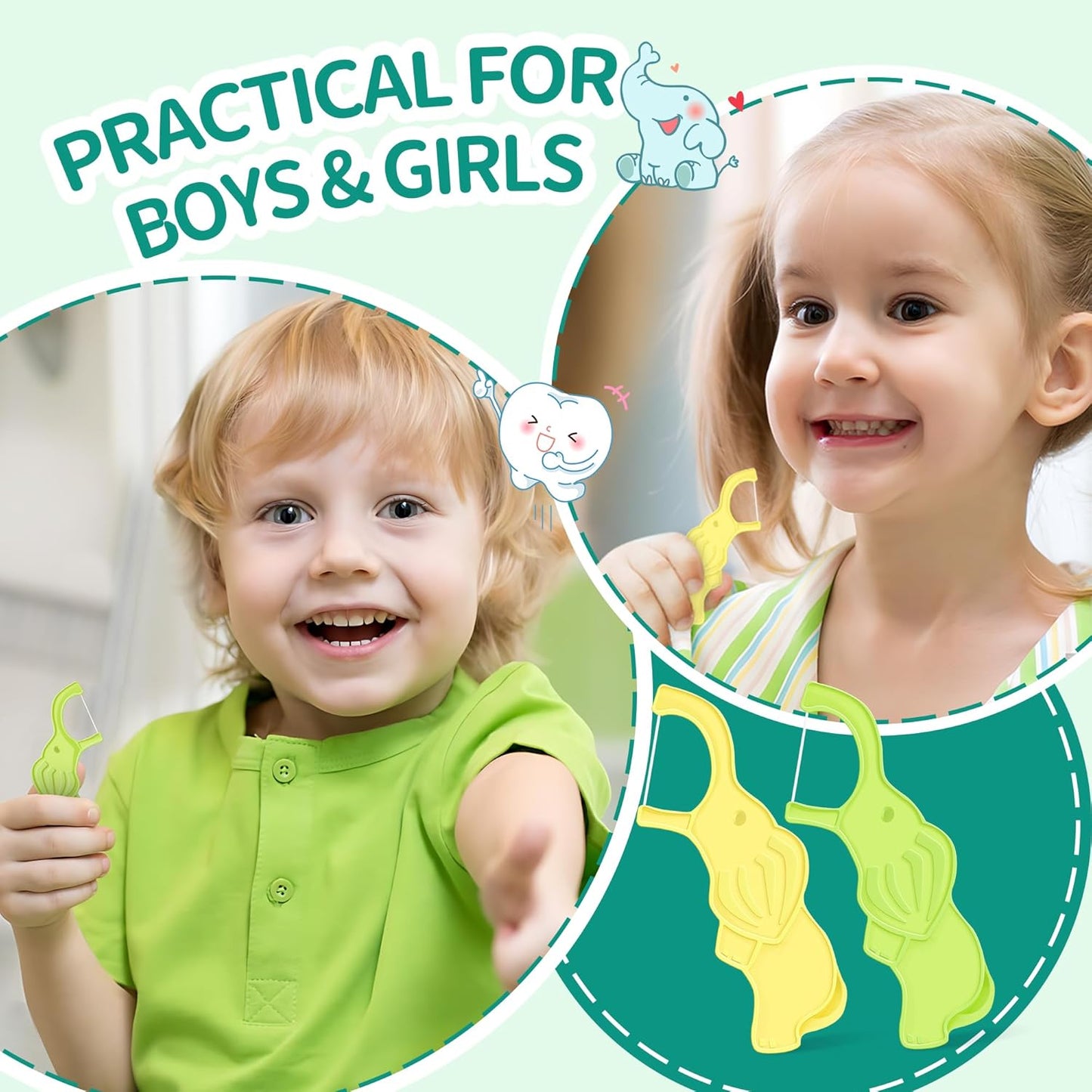 Biodegradable Kids Flossers, Cute Elephant Floss Picks, No Fluoride BPA Free Eco Friendly Dental Floss Picks, Mint Flavored, 2 Colors, 50 Count (Pack of 4)