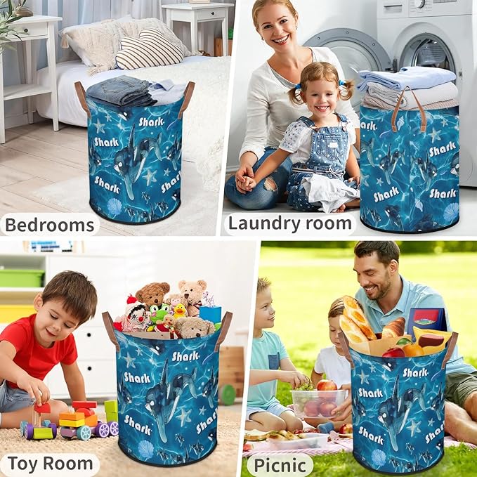 Shark 62L Laundry Basket for Clothes Books Toys Adult Kids Rotundity Laundry Hampers Bin for Bathroom Kitchen Hotel