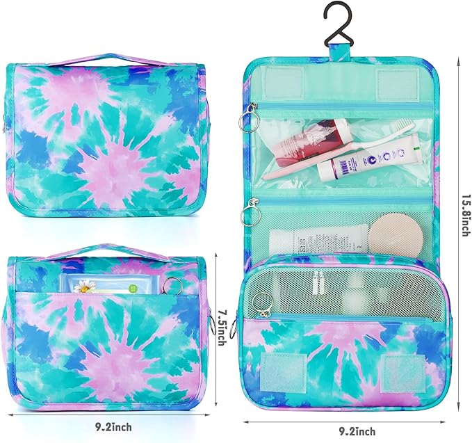 Tie Dye Hanging Toiletry Bag for Girls, Travel Toiletry Bag for Teen Girls Cosmetic Makeup Waterproof Wash Bag Traveling Toiletries, Green Teal