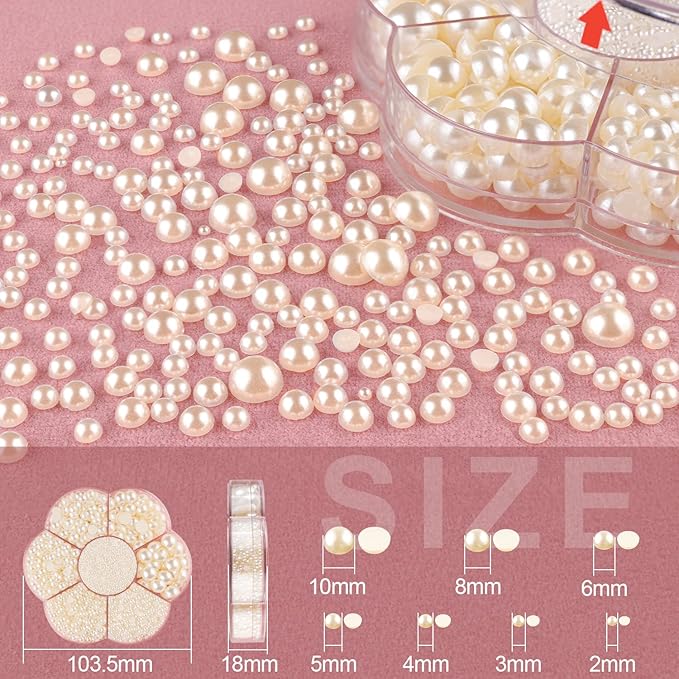 BELLEBOOST 5600pcs ABS Round Flat Back Beige Pearls Kit with Pickup Tools for Nail Art, Face, Body Decorations