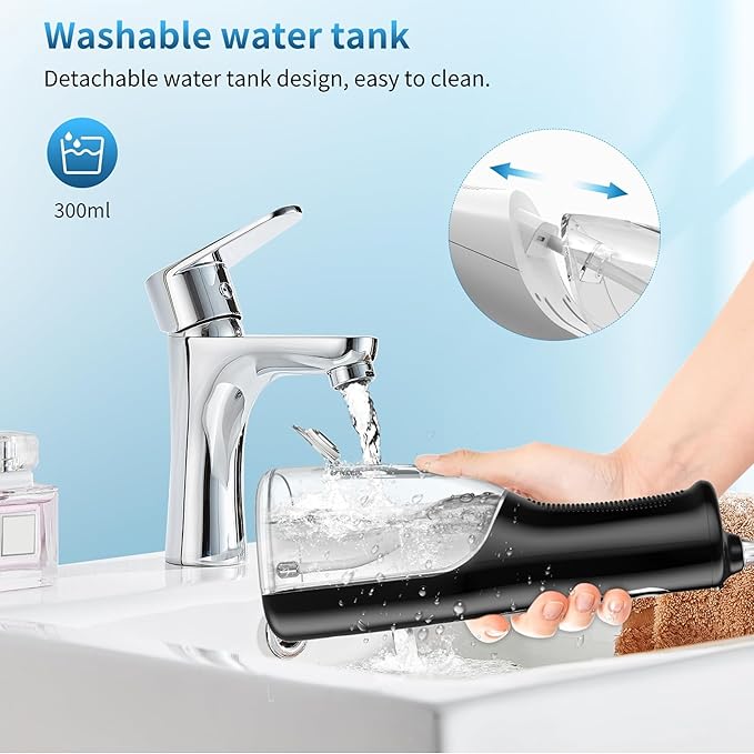 Cordless Oral Irrigator - 4 Modes Water Flosser for Teeth Cleaning, 300ML Reservoir, 360° Nozzle, IPX7 Waterproof, 2000mAh Rechargeable Battery, 4 Jet Tips, Smart Memory Function (M149 - Black)