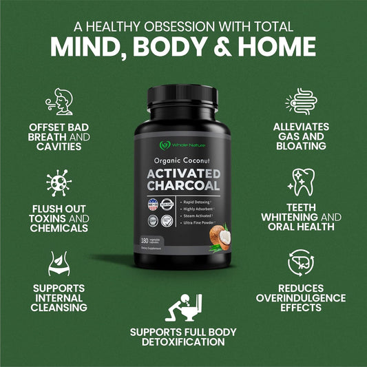 Coconut Activated Charcoal Capsules, 180 Charcoal Capsules, Teeth Whitening, Helps Constipation, Bloating, Stomach Gas, Heartburn, Pure Coconut Derived Supplement (3)