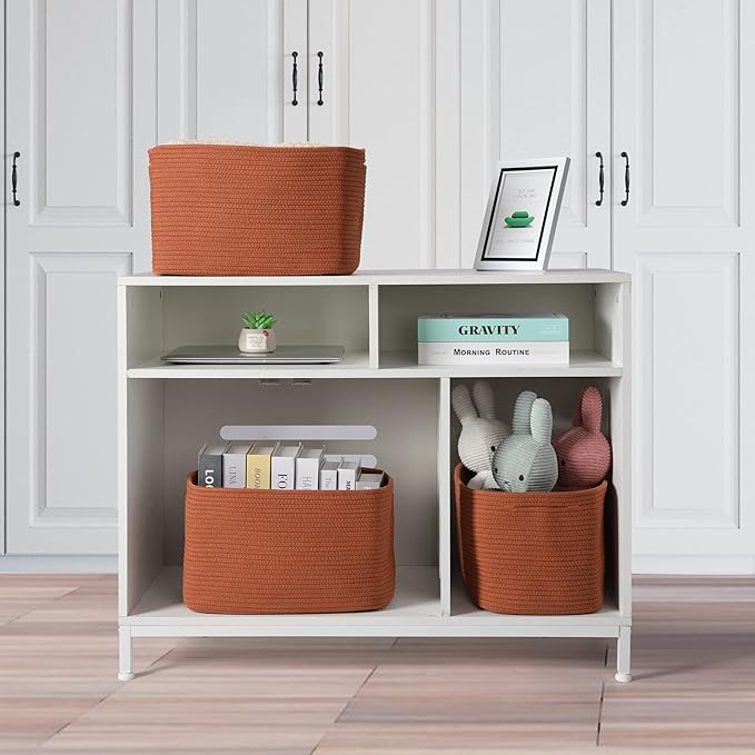 Cotton Rope storage Basket Bins Woven Basket for Organizing Shelves 14.5X9.5X9.3" Rectangle Decorative Baskets For storage Clothes Toys Books Towels Nursery basket organizer 3 pack Rust