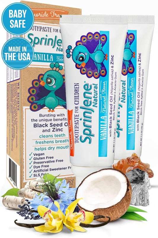 SprinJene Natural Children’s Toothpaste – Fluoride Free Vanilla Toothpaste for Toddlers & Kids – Gentle Safe Natural Formula with Patented Black Seed Oil & Zinc – Made in The USA (2 Pack)