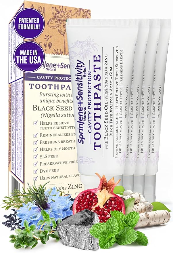 SprinJene Natural Sensitivity Relief, Fluoride Toothpaste for Sensitive Teeth & Gum (4 Pack) + Fluoride Free Mouthwash with Natural Ingredients